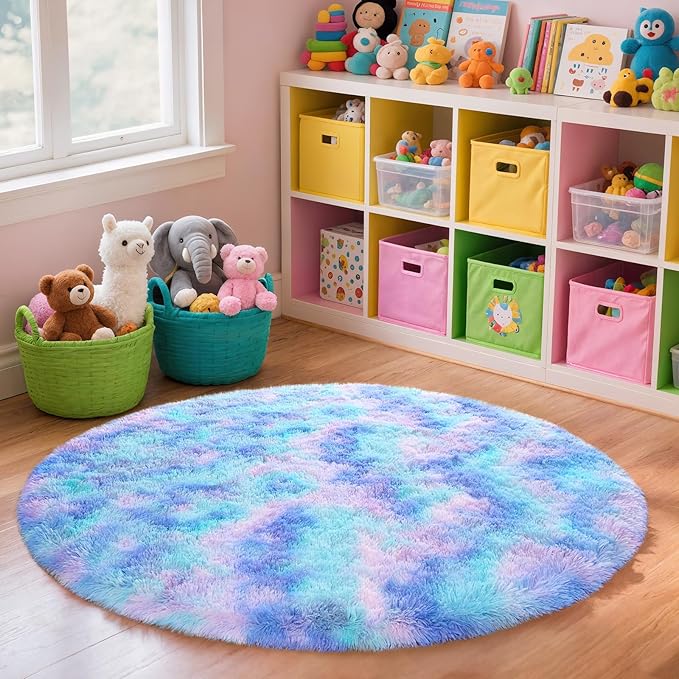Rainbow Round Rug for Bedroom, 5Ft Fluffy Circle Area Rugs for Living Room, Shag Fuzzy Carpet for Kids Room, Nursery, Dorm, Classroom, Teen, Cute Baby Play Mat Home Decor Aesthetic, Blue