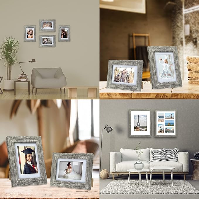 4x6 Picture Frame Set of 2, Made of Real Glass and Rustic Grey Wooden Frame - Display Pictures 3.5x5 with Mat or 4x6 Without Mat, 4 by 6 Photo Frame for Wall or Tabletop Display