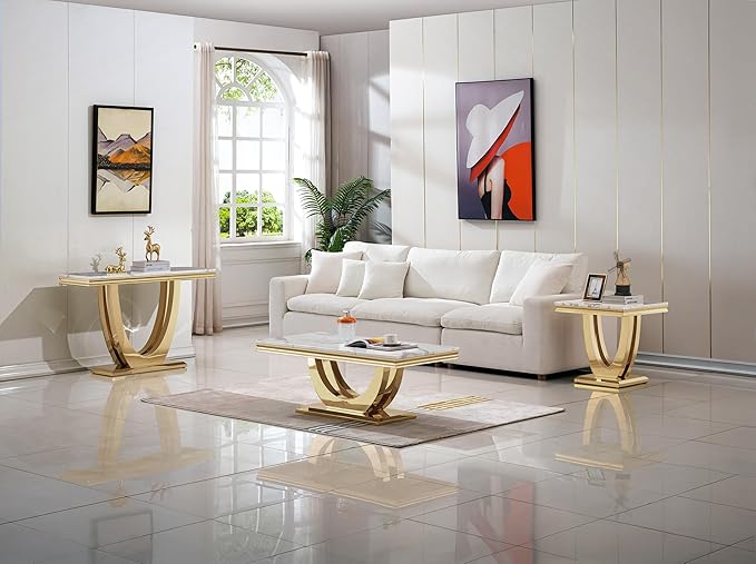 Modern Marble Coffee Table with Stainless Steel Pedestal, 47" Luxury Gold Coffee Tables for Living Room, Unique Faux Marble Cocktail Table Rectangle Funky Coffee Center Table for Living Room