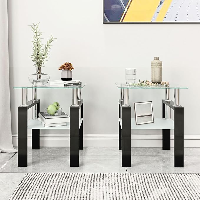 IANIYA 2PCS Modern Glass End Table, 2-Tier Side Table with Tempered Glass Top & Metal Legs, Night Stand Corner Table for Living Room, Bedroom