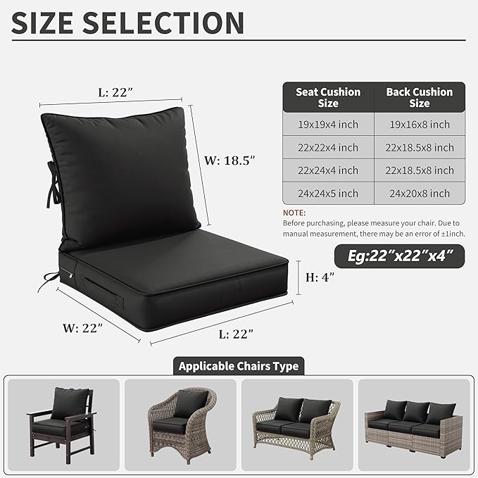 Premium Outdoor Seat Cushion Chair Cushions for Patio Furniture 22 L X 22 W X 4 H Waterproof & Fade Resistant Deep Seat and Backrest Cushion Set with Removable Covers for Chair, Sofa