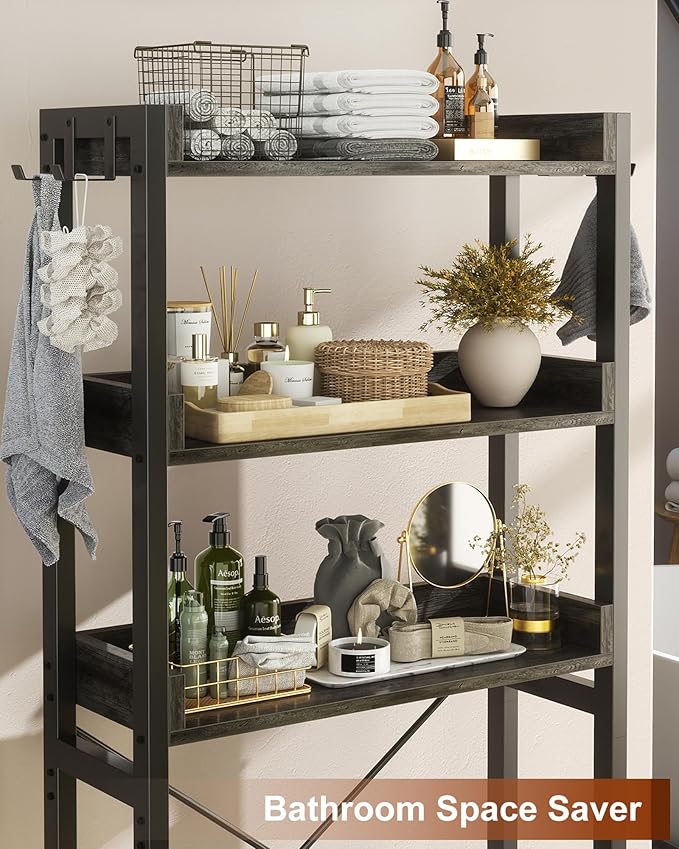 Ecoprsio Over-The-Toilet Storage Rack, 3-Tier Bathroom Organizer Shelf Over Toilet, Freestanding Space Saver Toilet Stands with 4 Hooks, Grey