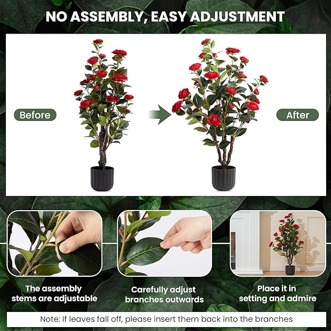 3.2FT Artificial Camellia Trees, Red Silk Flowers, Indoor Faux Plants with Realistic Trunk in Black Cement Pots for Home House Living Room Bedroom Office Decor, 2pcs