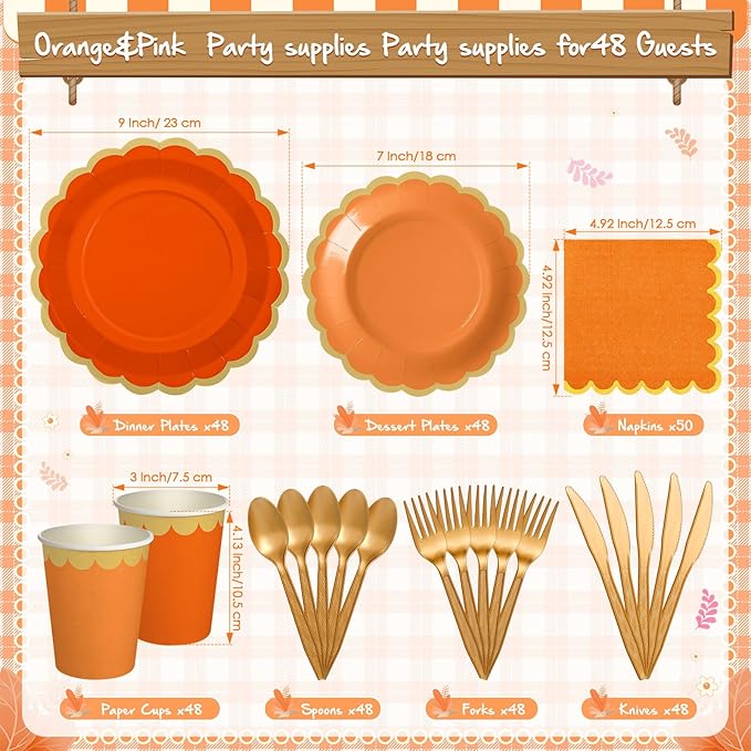 338 Pcs Pink and Orange Plates and Napkins Party Supplies for Guests Hot Pink Orange Tableware Include Scalloped Plates Paper Napkin Cup Spoon Fork Knife for Baby Shower, Wedding, Birthday
