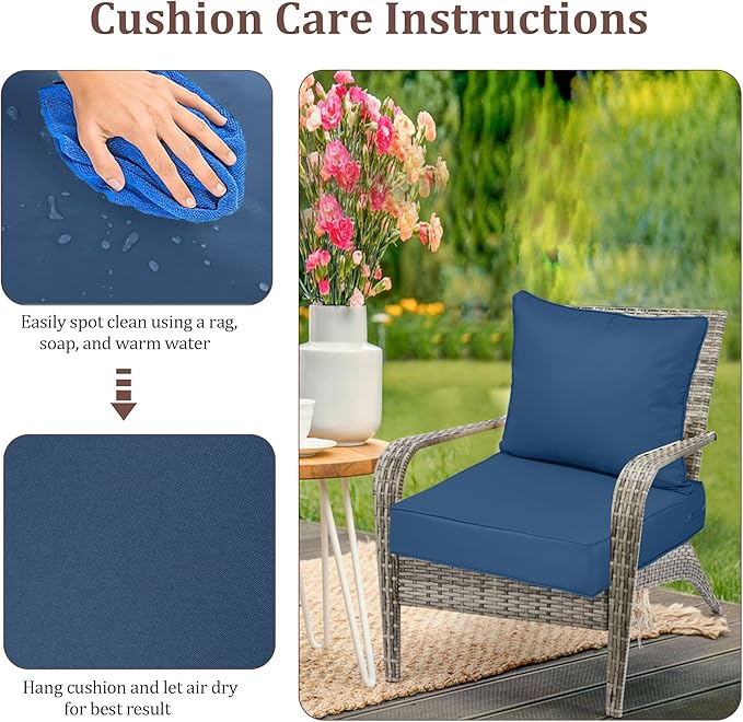 Outdoor Deep Seat Cushions for Patio Furniture Set of 2, Waterproof Outdoor Chair Cushions 24 x 24 x 4'' Patio Furniture Cushion with Fade Resistant Removable Cover, Handle & Straps, Dark Blue