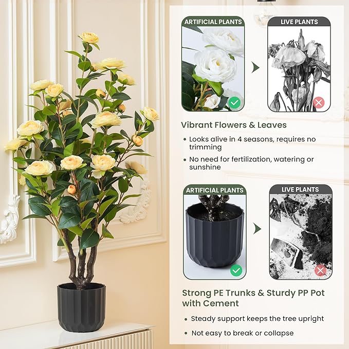 3.2FT Artificial Camellia Trees, Yellow Silk Flowers, Indoor Faux Plants with Realistic Trunk in Black Cement Pot for Home House Living Room Bedroom Office Decor, 2pcs