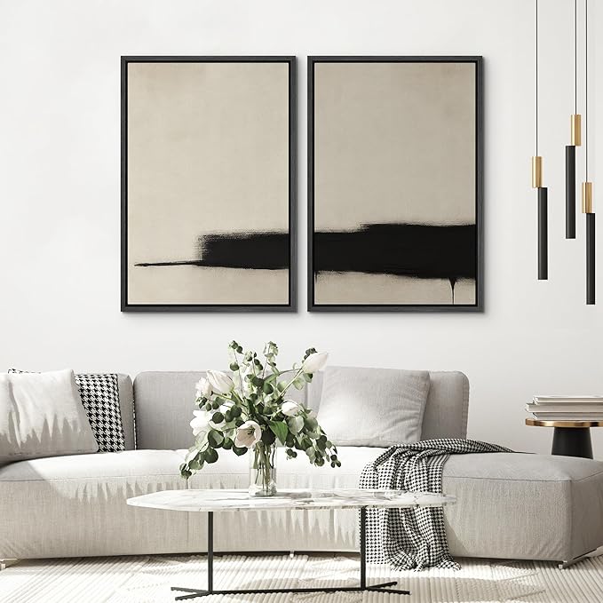 SIGNWIN Framed Wall Art Print Set Minimalist Black Brushstroke Abstract Neutral Beige and Black Illustrations Modern Art Rustic Relax/Calm for Living Room, Bedroom, Office - 24"x36"x2 BLACK