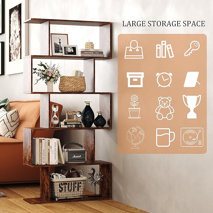 Yusong Bookshelf 5-Tier, Geometric Bookcase S Shaped Book Shelves for Bedroom, Modern Industrial Wood Decorative Display Shelf Book Case for Home Office, Rustic Brown