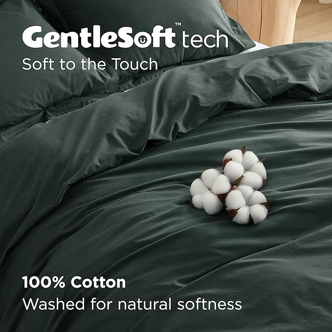 Bedsure 100% Washed Cotton Duvet Cover King Size - Forest Green Minimalist Cotton Duvet Cover Linen Like for All Seasons - GentleSoft™ Plain Simple Bedding, 3 Pieces (Forest Green, King, 104"x90")