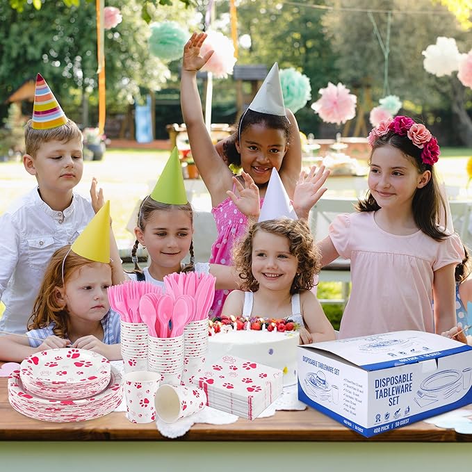 400 Pieces Pink Paw Disposable Party Tableware Sets Dog Puppy Supplies Including Plates Cups Napkins Cutlery Serves 50 for Birthday Puppy Theme Party Decorations