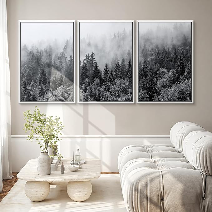 SIGNWIN Framed Canvas Print Wall Art Set Black & White Misty Mountain Forest Nature Wilderness Photography Modern Art Chic Landscape Relax/Calm for Living Room, Bedroom, Office - 24"x36"x3 White