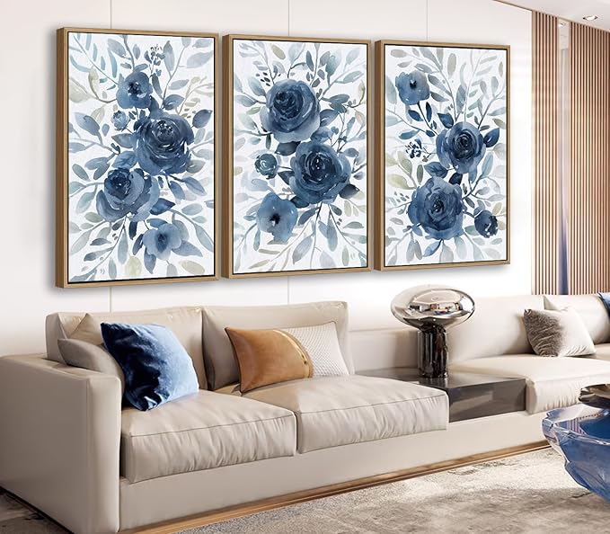 Large Retro Framed Wall Art - Natural Float Framed Blue Flowers White Canvas Pictures for Living Room Decor Indigo Floral Leaf Artwork for Bedroom Kitchen Home Office Decoration 72" X 36" Set of 3