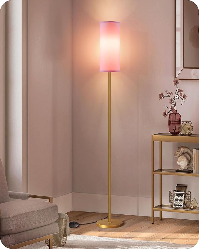 Dimmable Pink Floor Lamp for Living Room with Remote and Foot Switch, Corner Floor Lamp, 66'' Standing Tall Lamp, 10W 900LM Bulb Included, 3000K-6500K, Linen Shade, Gold Pink, FCC Listed DP06LD05W1
