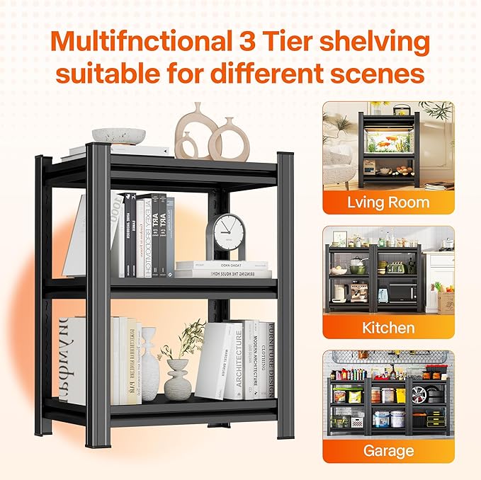 3 Tier Shelf Small Bookshelf 20 Inch Width Free Standing Shelf Adjustable Shelf Unit For Small Spaces Industrial Metal Book Shelves for Home, Office, Living Room,Kitchen,31.5''Hx20''Wx13.7''D,Black