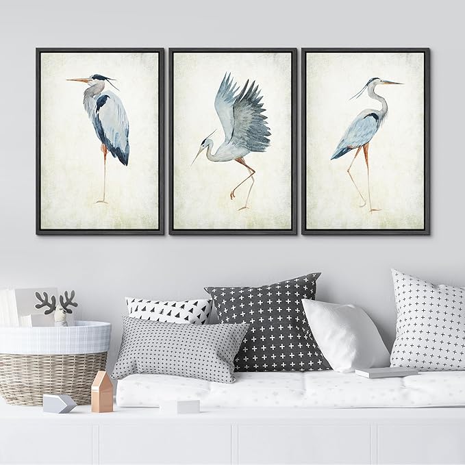 MUDECOR Framed Canvas Print Wall Art Heron Bird Wild Animal Prints Minimalist Modern Art Boho Relax Cozy Decor for Bedroom - 16"x24"x3 Black