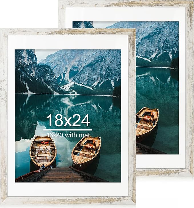 18x24 Frame Set of 2, Distressed White Wood Style - Display 18 x 24 Poster without Mat or 16x20 Picture with Mat, Wall Mounting Horizontal and Vertical