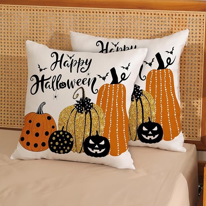 Halloween Pillow Covers 18x18 inches Set of 2 Orange Black Pumpkin Decorative Farmhouse Throw Pillow Covers Outdoor Autumn Halloween Decoration Pillowcase Farmhouse Cushion Case for Couch Sofa