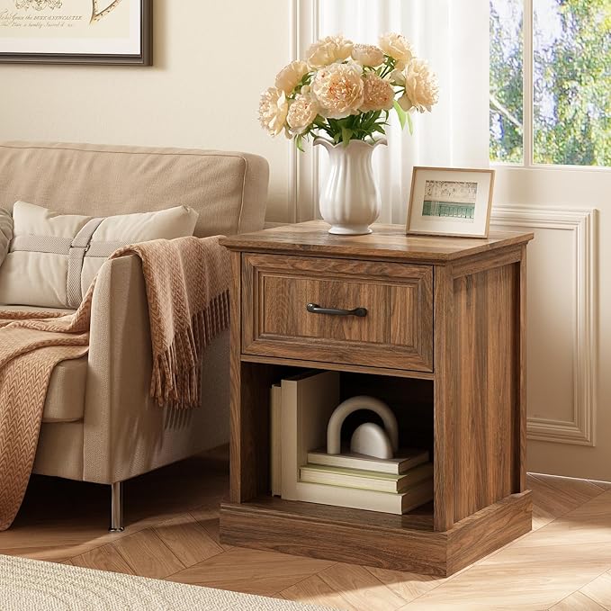 CARPETNAL 20" Farmhouse Nightstand Set of 2, End Table with Large Drawers & Open Storage, Side Table, Bedside Table for Bedroom, Living Room, Walnut