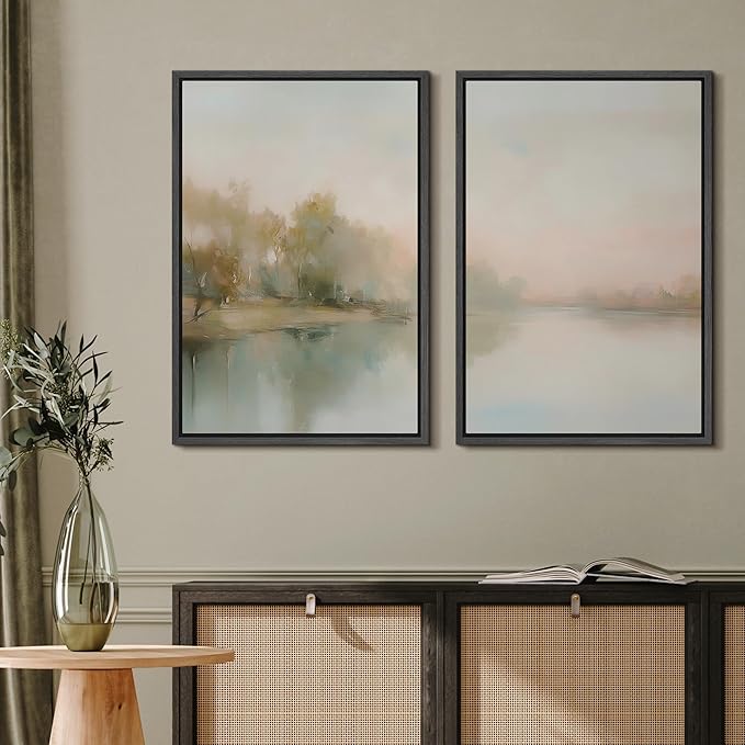 MUDECOR Framed Canvas Print Wall Art Tranquil Reflection Serene River Landscape Illustrations Modern Art Decorative Bohemian Chic for Living Room, Bedroom, Office - 16"x24"x2 Black