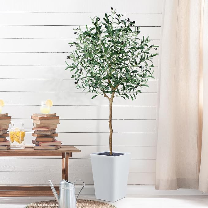 Artificial Olive Tree with White Tall Planter, 5ft Tall Potted Decorative Fake Olive Tree, Large Faux Silk Tree for Home Office Floor Room Decor Plant Indoor Outdoor, Housewarming Gift