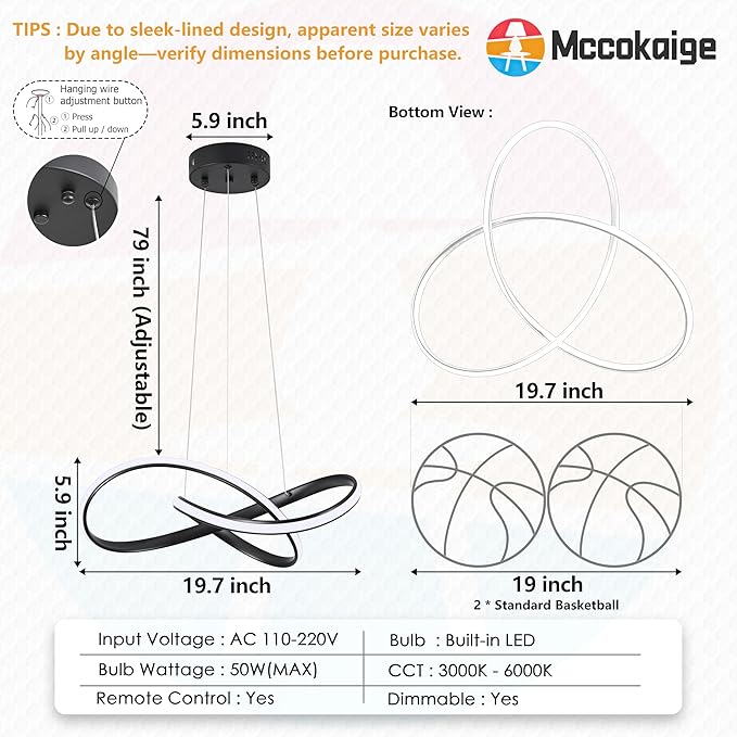LED Chandelier Modern Pendant Light Contemporary Chandelier Ring Light Fixture Black with 3000K-6000K Dimmable Remote Control and 79in Height Adjustable for Dining Room Bedroom Living Room