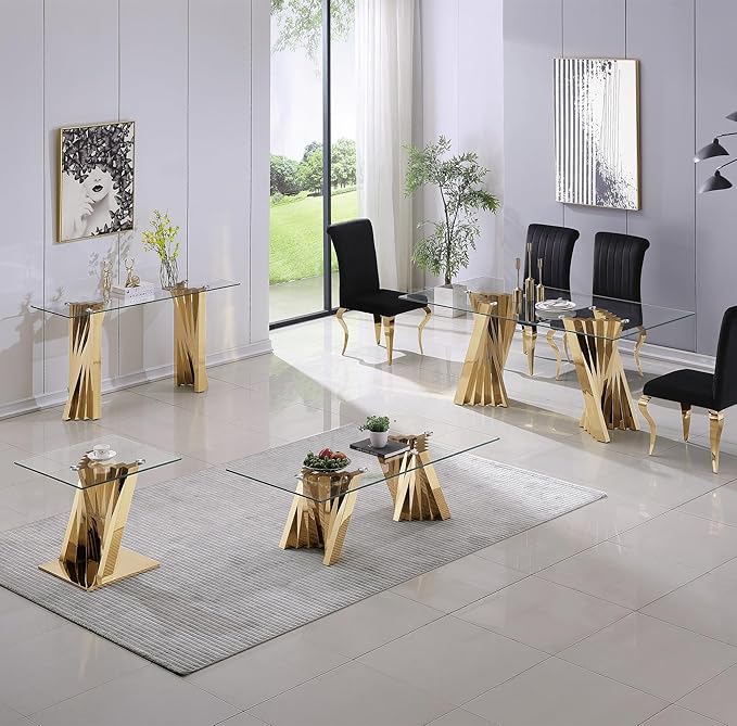 Glass 3 Piece Living Room Table Sets,3-Piece Table Set Includes 1 Glass Coffee Table and 2 End Tables with Stainless Steel Frame,Modern Coffee Table Set of 3 for Living Room (Gold)
