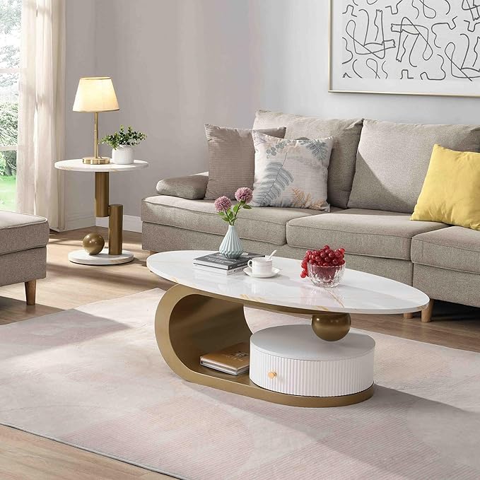 Marble Nesting Coffee Table Set of 2,Modern Oval Center Tea Table and Round Side Nightstand Set w/Drawer andFaux Marble Top and Metal Frame for Living Room Accent Furniture (Gold White)