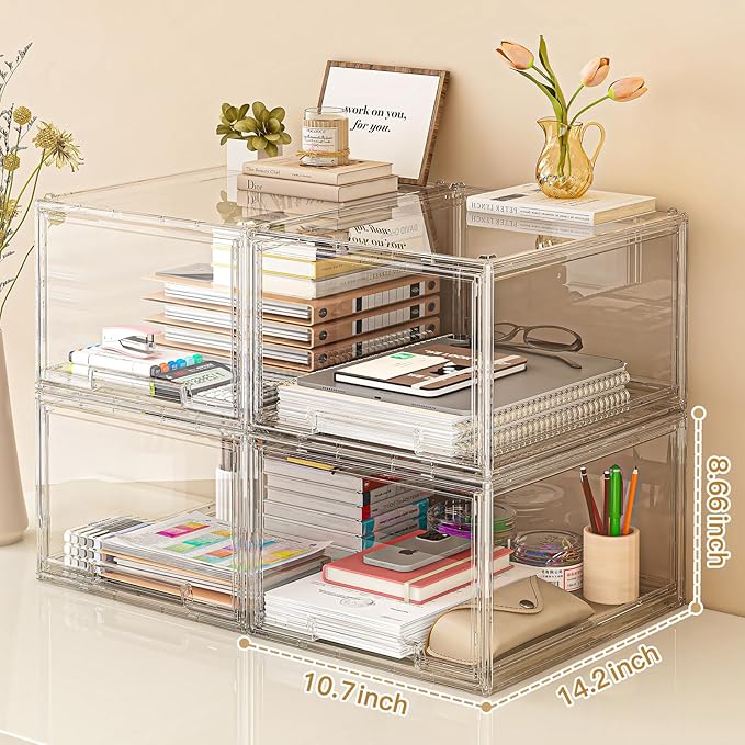 2 Packs Plastic Stackable Storage Drawers, Clear Desktop Drawer Organizers, 2 Drawer Storage Organizer, Make up Organizer with Drawers, Arcylic Drawers Organizer for Office Supplies, School, Home