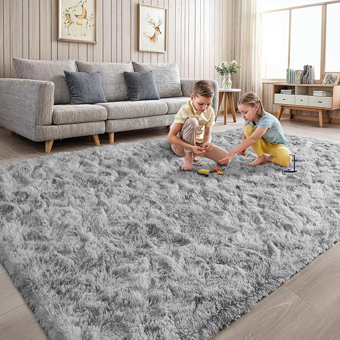 Area Rugs for Bedroom Living Room, 4x6 Soft Large Fluffy Fuzzy Shag Plush Furry Carpet, Soft Indoor Floor Mat for Kids Nursery Home Dorm Office Decor Aesthetic, Tie Dyed Grey