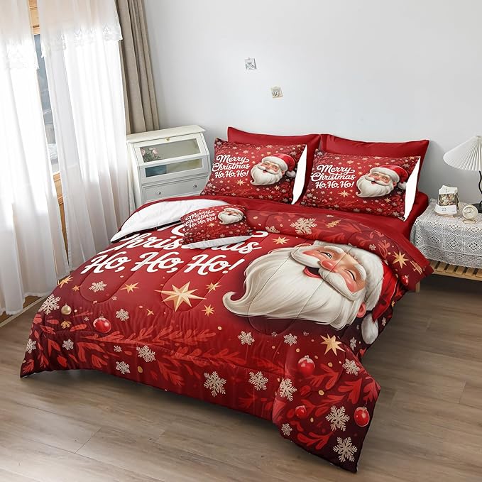 Santa Claus Comforter Queen Red Snowflake Bedding Set Leaf Stars Merry Christmas Bedroom Decor Happy Holiday Boys Girls Xmas Bed in A Bag