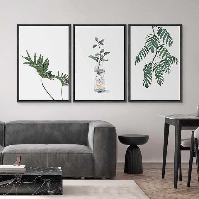 SIGNWIN Framed Wall Art Print Set Trio of Jungle Palms & Snake Succulents Floral Plants Photography Modern Art Minimalist Black and White for Living Room, Bedroom, Office - 24"x36"x3 Black