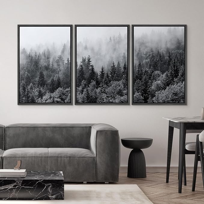 SIGNWIN Framed Canvas Print Wall Art Set Black & White Misty Mountain Forest Nature Wilderness Photography Modern Art Landscape Relax/Calm for Living Room, Bedroom, Office - 16"x24"x3 Black