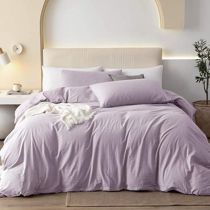 JIYUAN 100% Washed Cotton Duvet Cover Set 3 Pieces Full, 1 Duvet Cover 80x90 Inches(Comforter Not Included) and 2 Pillowcases,Linen Like Comfy and Breathable,Heathered Light Purple