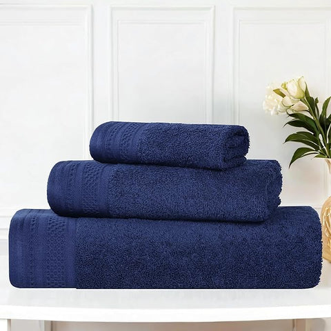 Superior Honeycomb Cotton Medium Weight Towels, for Guest Bath, Master Bathroom, Shower, Quick Dry, Adults, Home Essentials, Textured Waffle Border, Assorted Towel Set, 3 Piece Towel Set, Navy Peony