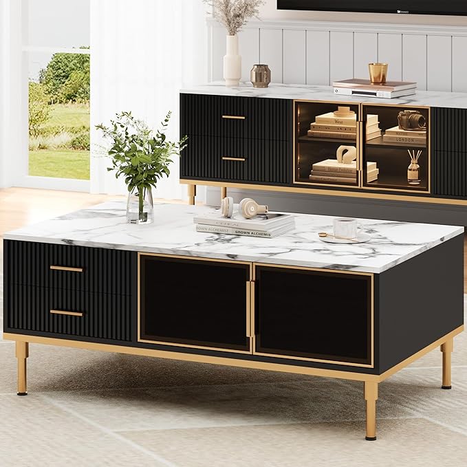 Coffee Table, Black Center Table for Living Room, Modern Large Coffee Tables with Storage 4 Drawers & 2 Glass Door Storage, Faux Marble Top, Gold Metal Leg, Hidden Compartment for Reception Room