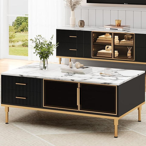 Coffee Table, Black Center Table for Living Room, Modern Large Coffee Tables with Storage 4 Drawers & 2 Glass Door Storage, Faux Marble Top, Gold Metal Leg, Hidden Compartment for Reception Room