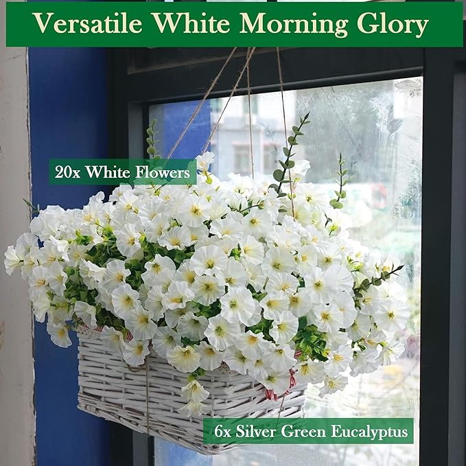 26PCS White Faux Flowers for Outdoor Planters Artificial Flowers for Outdoors Morning Glory Fake Outdoor Flowers UV Resistant for Porch Terrace Yard