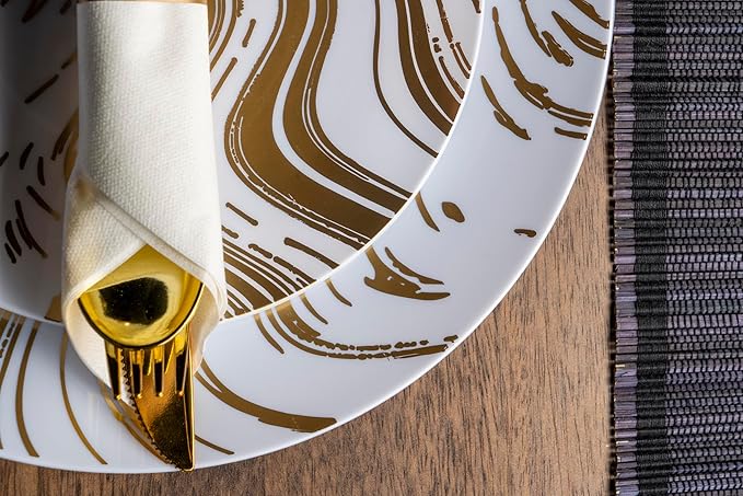 MONEST 350Pcs Gold Plastic Silverware Set for 50 Guests, Disposable Dinnerware Set includes: 50 Pre Rolled Napkins with Utensils, 50 Dinner Plates, 50 Dessert Plates, 50 Cups (Gold Wave)