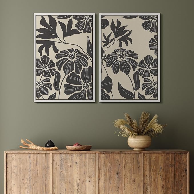 MUDECOR Framed Canvas Print Wall Art Monochrome Floral Botanical Black and White Illustrations Modern Art Decorative Bohemian Colorful Chic for Living Room, Bedroom, Office - 16"x24"x2 White