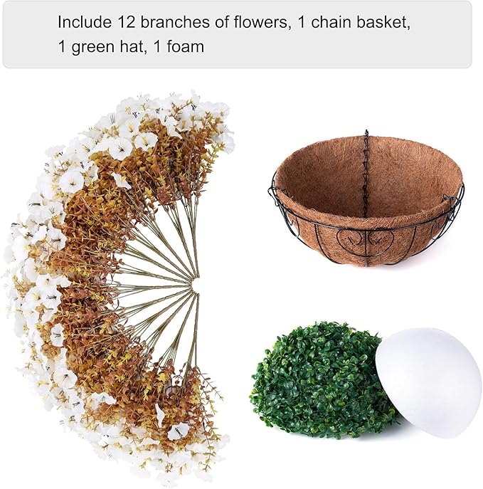 Artificial Fall Hanging Flowers in Basket, 12 Bundles Faux Silk Morning Glory Plants Realistic UV Resistant Fake Outdoor Flower for Planters Home Decor Outside Garden Yard Patio, Fall White