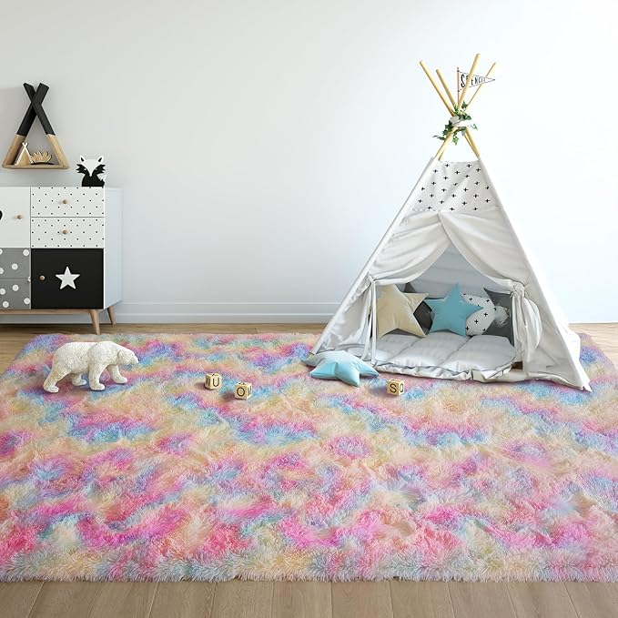 Rainbow Area Rugs for Girls Bedroom, 5x8 Fluffy Fuzzy Shaggy Carpet for Kids Playroom Nursery Living Room, Thick Soft Plush Mat for Kids Baby Boys Teen Dorm Home Decor Aesthetic
