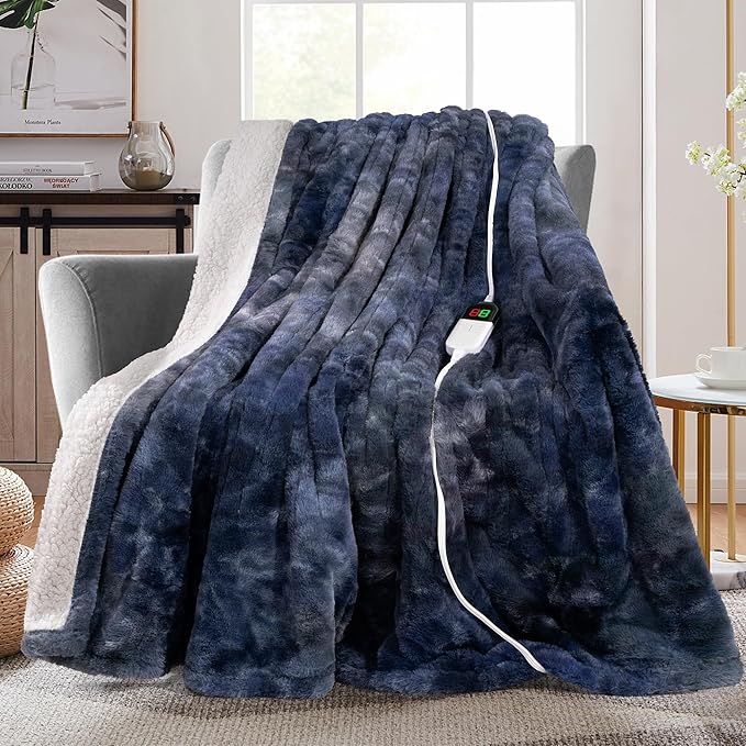 MAXEVE Electric Heated Throw Faux Rabbit Fur Blanket with 8 Heating Levels & 8H Auto Off, Fast Heating Warm Cozy Sherpa Washable Blanket with Over-Heat Protection, ETL Certification, Blue