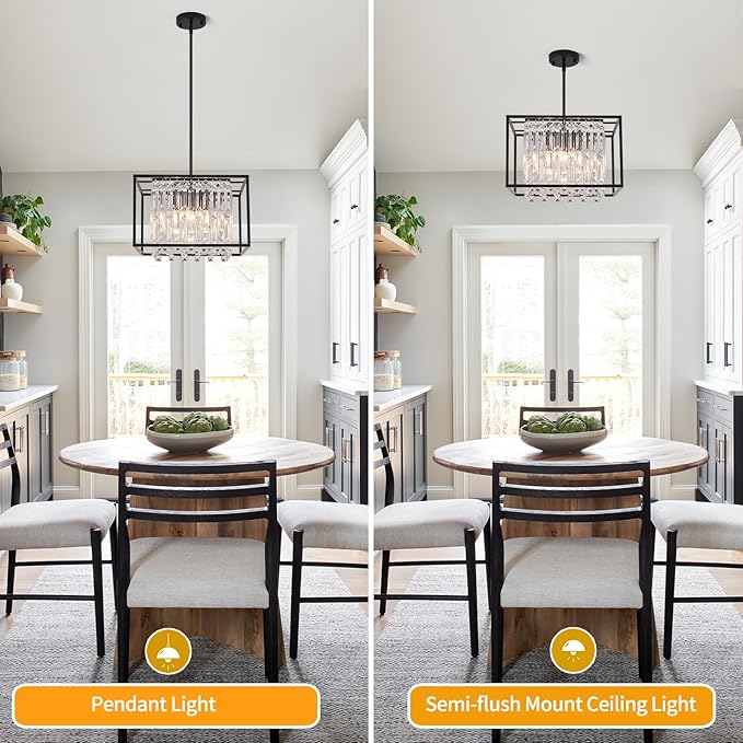 Modern 4-Light Dining Room Chandelier,Farmhouse Black Metal Chandelier,Crystal Square Industrial Pendant Light Fixture for Kitchen Island Living Room Foyer Hallway Entryway 15.75"