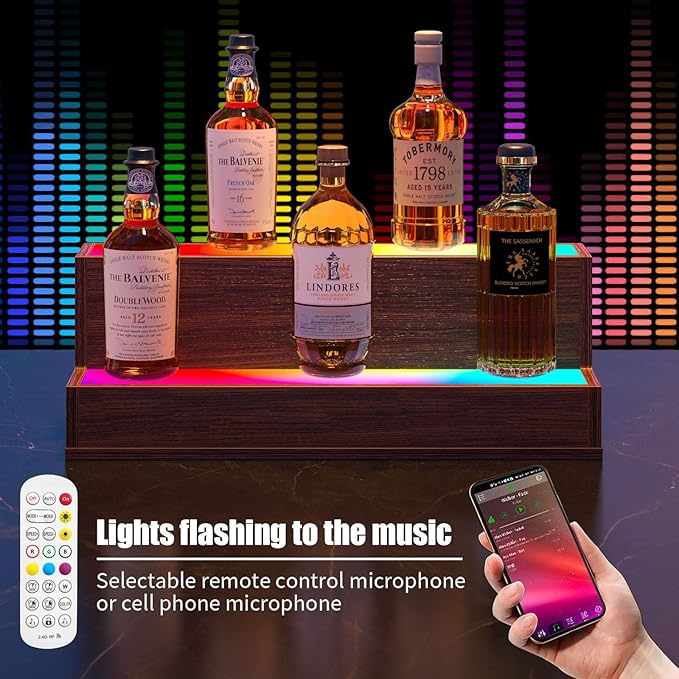LED Lighted Bar Liquor Shelves, 20 Inch Bar Bottle Display Shelf with App & Remote Control, 2 Tier for Home Bar, Party, Walnut