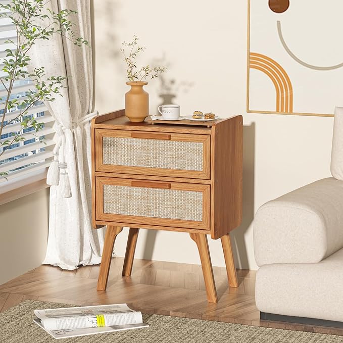 Lerliuo Rattan Nightstands Set of 2, Boho Night Stand with 2 Drawers, Cane Accent Side End Table, Bedside Table with Solid Wood Legs for Bedroom, Dorm and Small Spaces (Tea Brown)