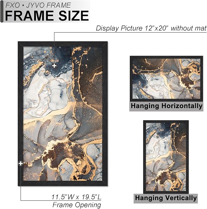 Engineered Wood 12x20 Picture Frame Set of 3, Black Frame for 12 x 20 Inch Picture Poster Photo, Light Weight 12 by 20 Frame with Wood-grain for Wall - 3 Pack/Black/12 x20
