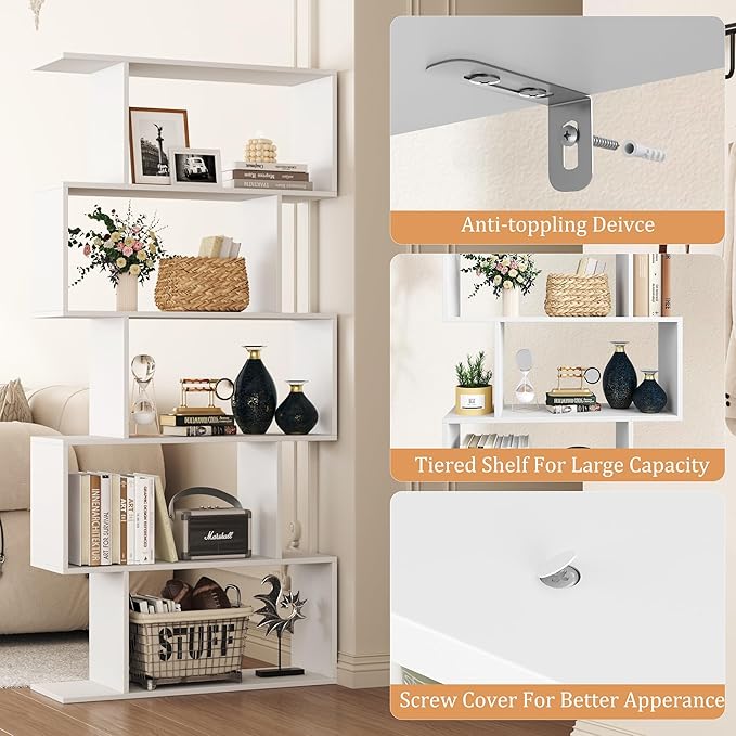 Yusong Bookshelf 5-Tier, Geometric Bookcase S Shaped Book Shelves for Bedroom, Modern Wood Decorative Display Shelf Book Case for Home Office, White