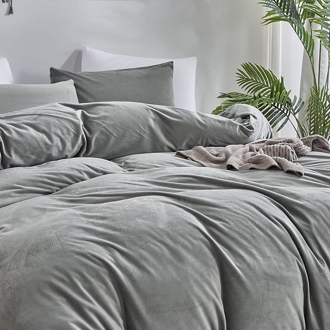 Luxlovery Grey Velvet Comforter Twin Plush Fluffy Bedding Set for Women Men Adults Teens