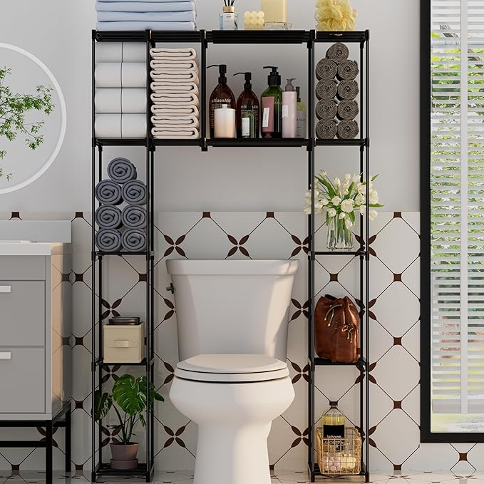 PPN Over-The-Toilet Storage Cabinet Premium Bathroom Organizers Solution for Small Spaces Black Bathroom Shelf Accessories Freestanding Shelves Towel Storage and Decorative Shelving Units Medium