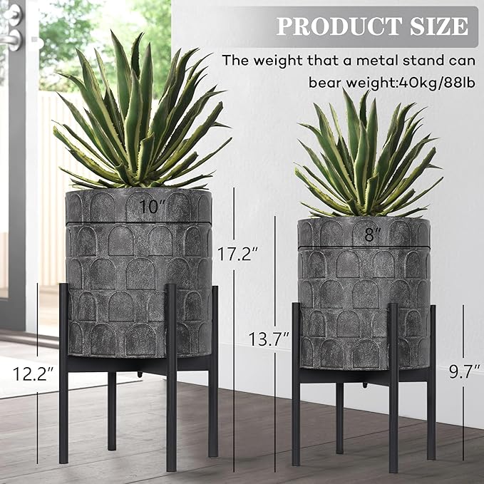 Oakrain Planters for Indoor Plants, Set of 2 Modern Planter with Stand, Decorative Metal Planter Pots for Living Room, Office, Garden, Balcony, 8"&10", Paint Black